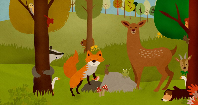 Ami-Lou's artwork of woodland animals for Joe Nixon's book The Fearless Fox and Daring Deer