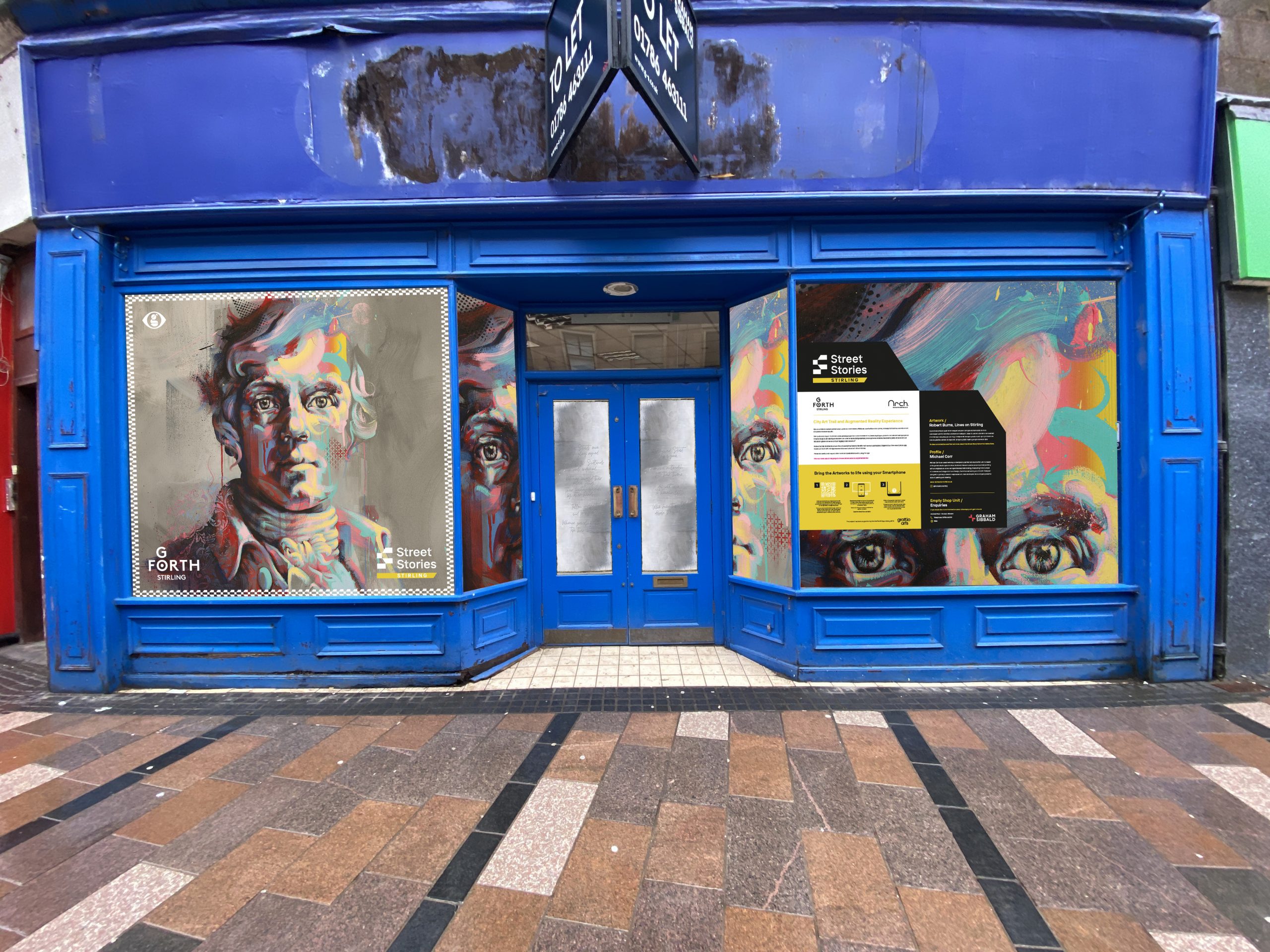 A vacant shop unit in Stirling, Scotland full of stunning portrait art
